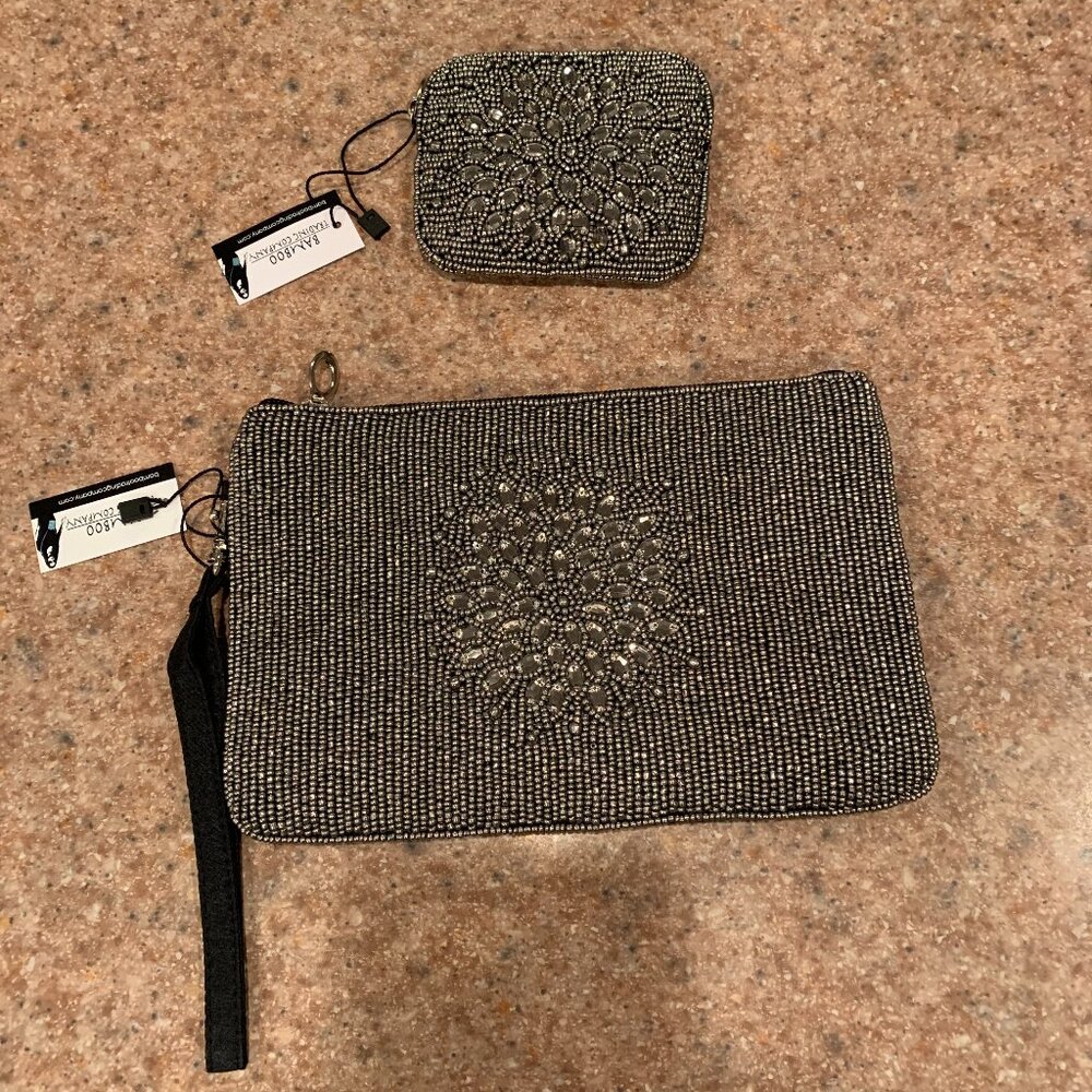 The Bamboo Trading Company Silver and Clear floral Beaded Club bag set NWT